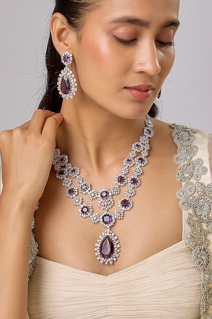 White Finish Ruby & Zircon Layered Necklace Set by Moh-Maya by Disha Khatri at Pernia's Pop Up Shop