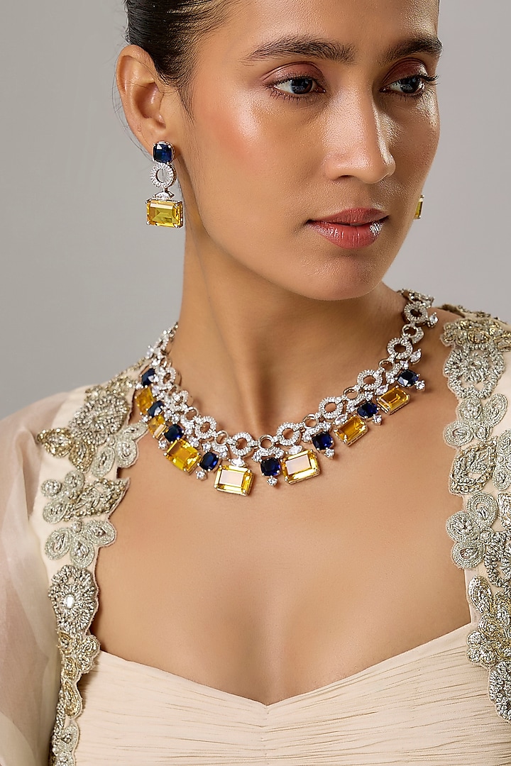 White Finish Blue Sapphire & Zircon Layered Necklace Set by Moh-Maya by Disha Khatri at Pernia's Pop Up Shop