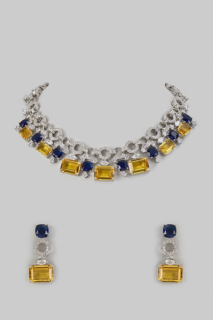 White Finish Blue Sapphire & Zircon Layered Necklace Set by Moh-Maya by Disha Khatri at Pernia's Pop Up Shop