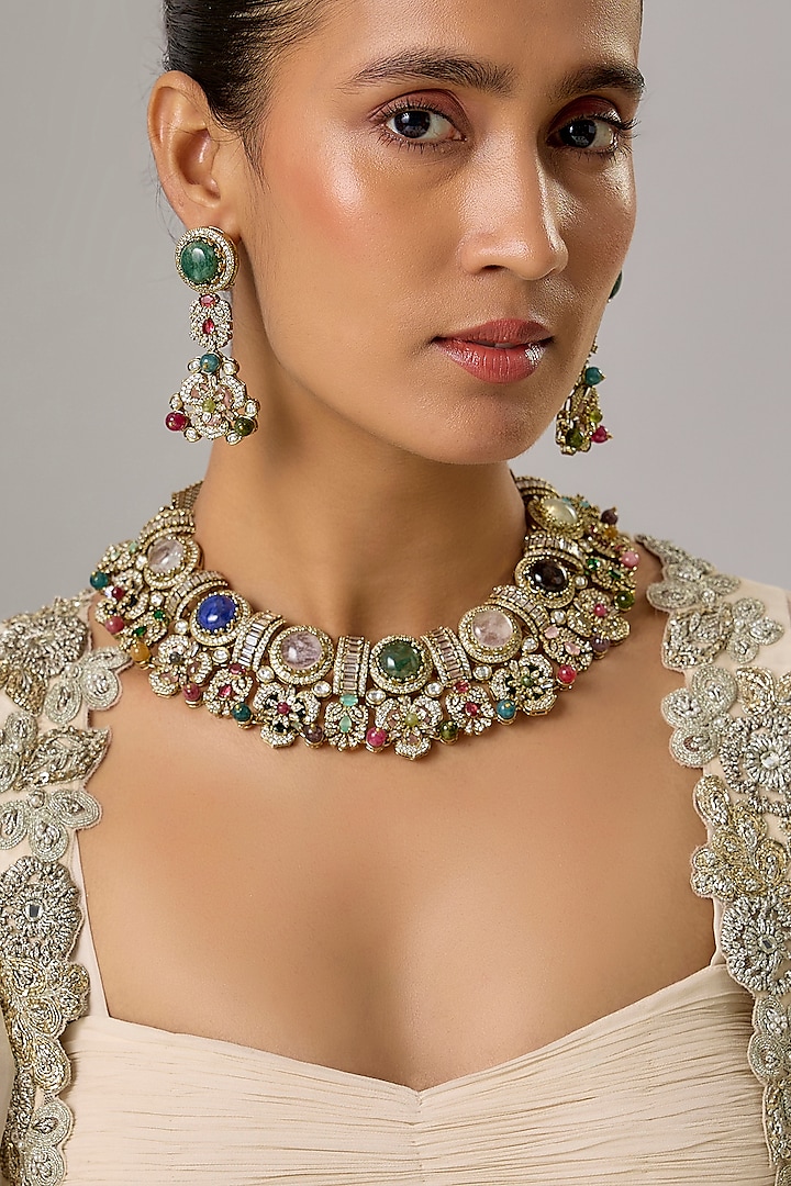 Gold Finish Multi-Colored Stone & Pearl Choker Necklace Set by Moh-Maya by Disha Khatri at Pernia's Pop Up Shop