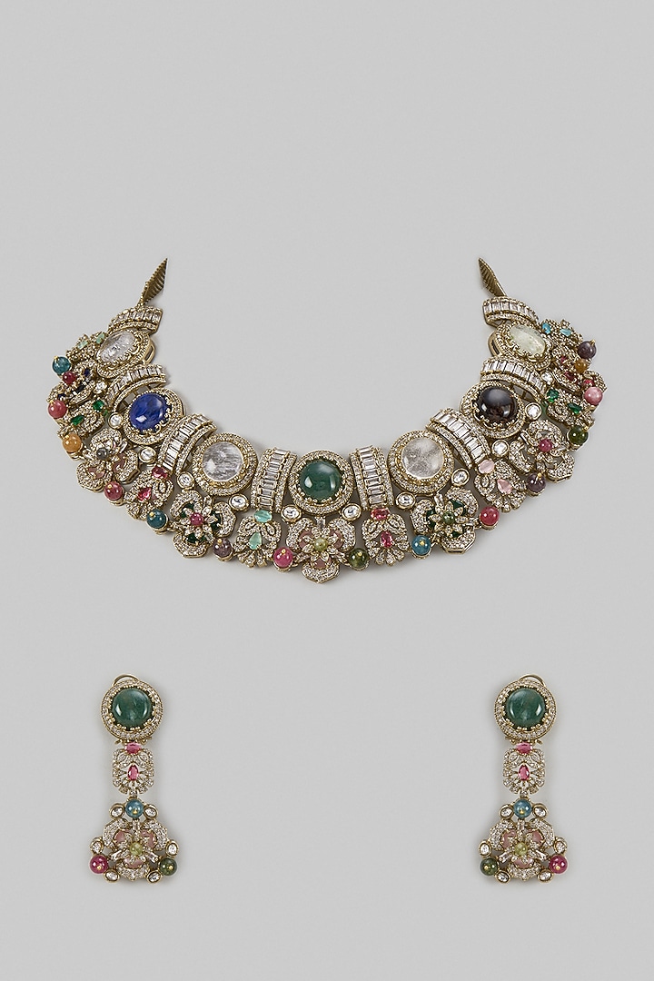 Gold Finish Multi-Colored Stone & Pearl Choker Necklace Set by Moh-Maya by Disha Khatri at Pernia's Pop Up Shop