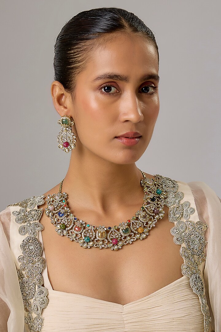 Gold Finish Multi-Colored Stone & Pearl Choker Necklace Set by Moh-Maya by Disha Khatri at Pernia's Pop Up Shop