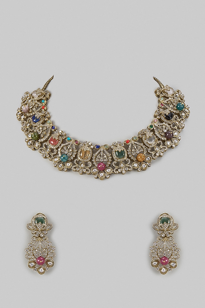 Gold Finish Multi-Colored Stone & Pearl Choker Necklace Set by Moh-Maya by Disha Khatri at Pernia's Pop Up Shop