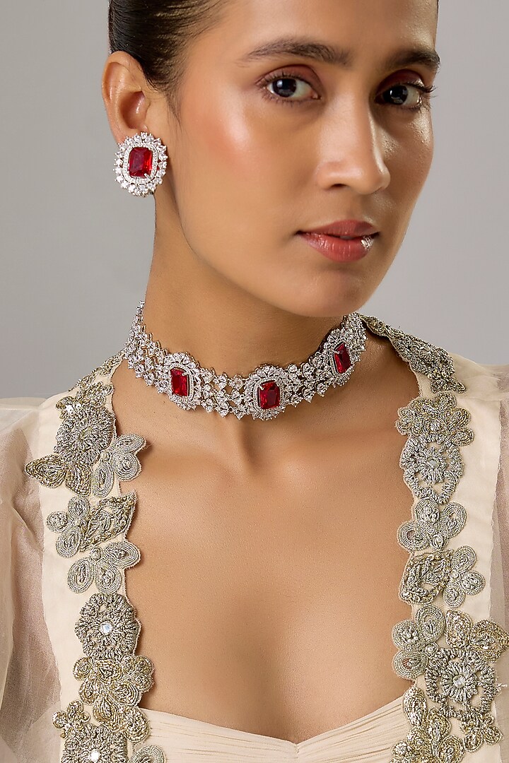 White Finish Ruby & Zircon Choker Necklace Set by Moh-Maya by Disha Khatri at Pernia's Pop Up Shop