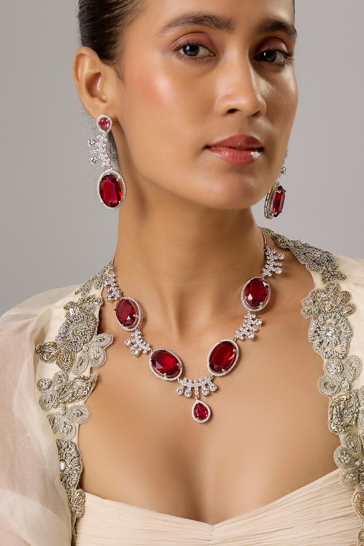 White Finish Ruby Zircon Necklace Set by Moh-Maya by Disha