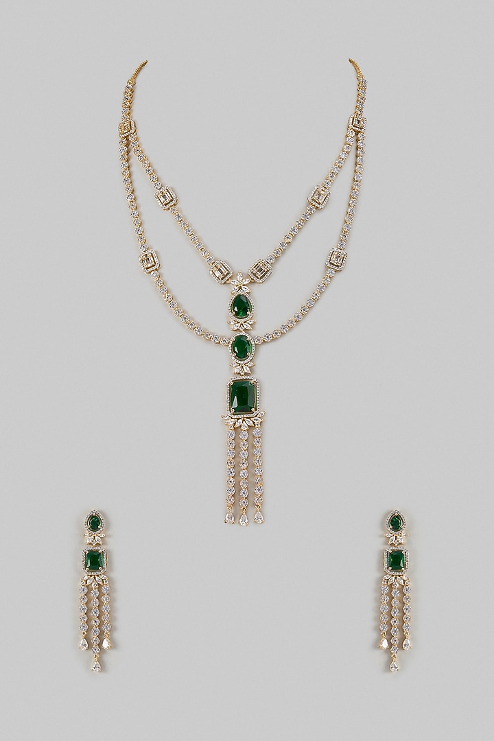 Gold Finish Emerald Stone & Zircon Layered Necklace Set by Moh-Maya by Disha Khatri at Pernia's Pop Up Shop