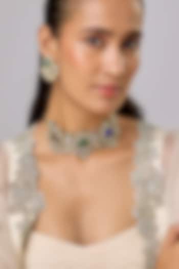 Gold Finish Multi-Colored Stone & Zircon Choker Necklace Set by Moh-Maya by Disha Khatri at Pernia's Pop Up Shop