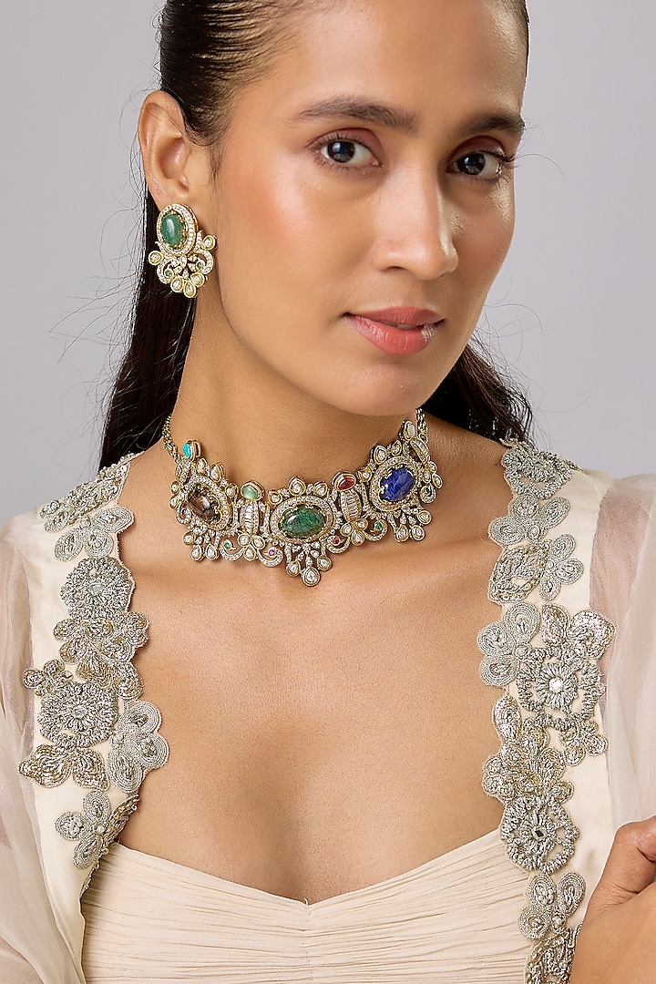 Gold Finish Multi-Colored Stone & Zircon Choker Necklace Set by Moh-Maya by Disha Khatri at Pernia's Pop Up Shop