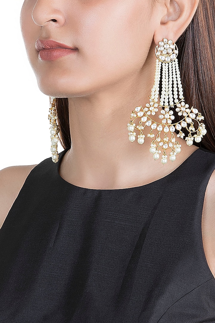 Gold Finish Kundan & Pearl Long Earrings by Moh-Maya by Disha Khatri