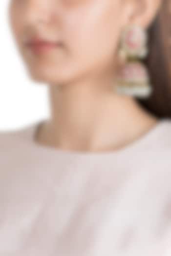 Gold Finish Kundan & Pearl Jhumka Earrings by Moh-Maya by Disha Khatri at Pernia's Pop Up Shop