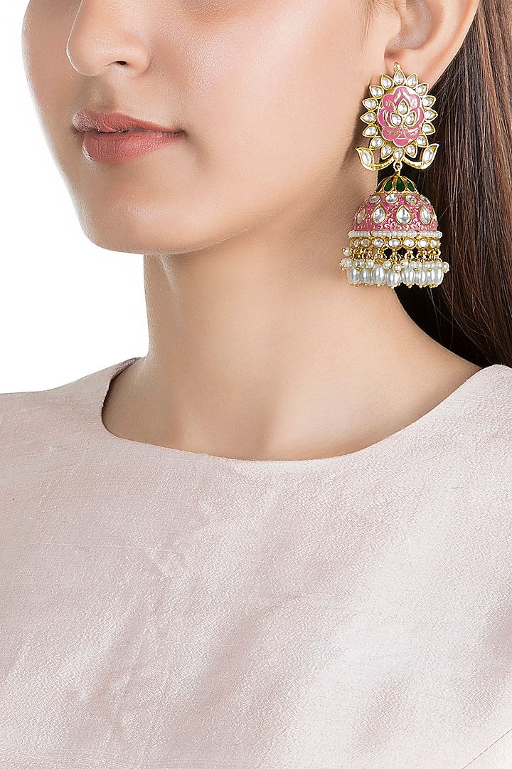 Gold Finish Kundan & Pearl Jhumka Earrings by Moh-Maya by Disha Khatri