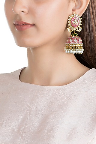 Gold Finish Kundan & Pearl Jhumka Earrings by Moh-Maya by Disha Khatri