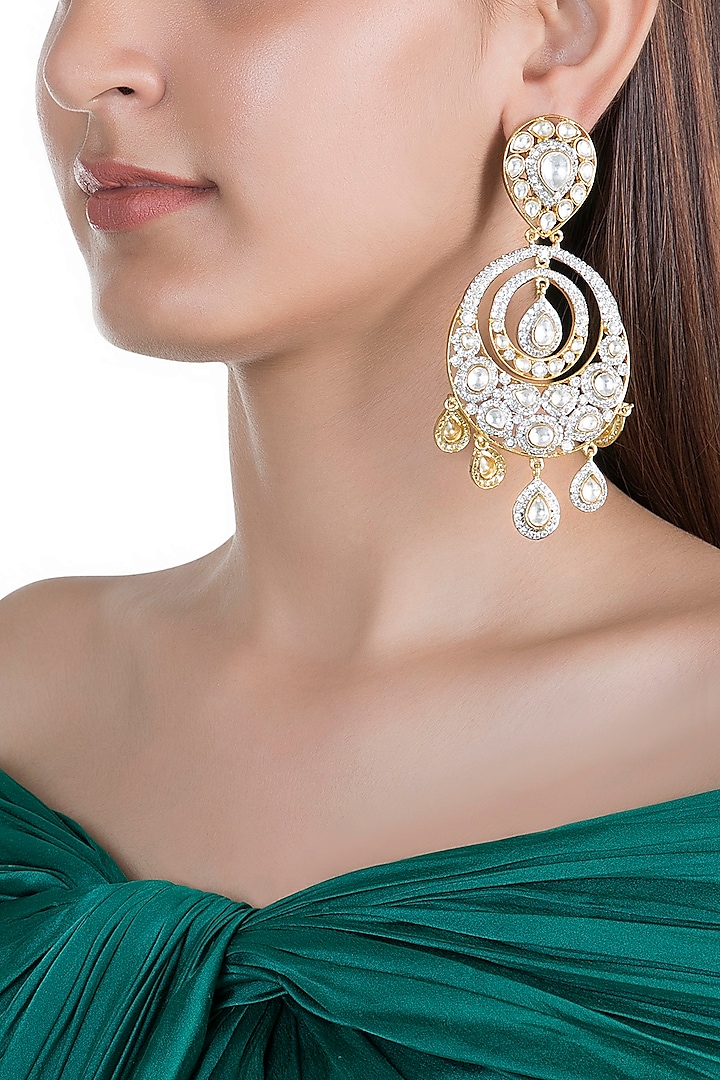 Gold Finish Kundan Chandbali Earrings by Moh-Maya by Disha Khatri