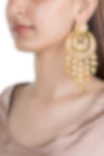Gold Finish Kundan & Pearl Chandbali Earrings by Moh-Maya by Disha Khatri