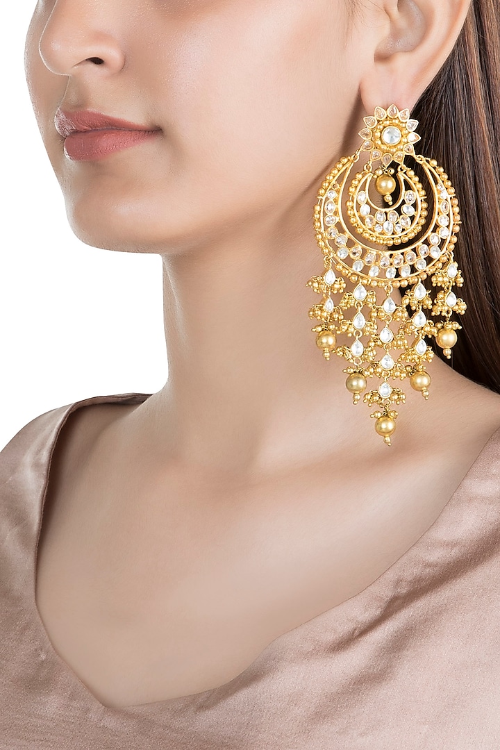 Gold Finish Kundan & Pearl Chandbali Earrings by Moh-Maya by Disha Khatri