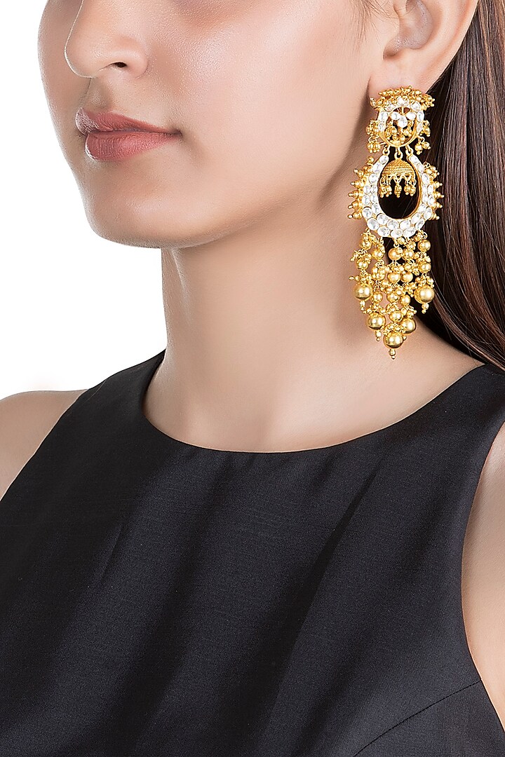 Gold Finish Kundan Long Earrings by Moh-Maya by Disha Khatri