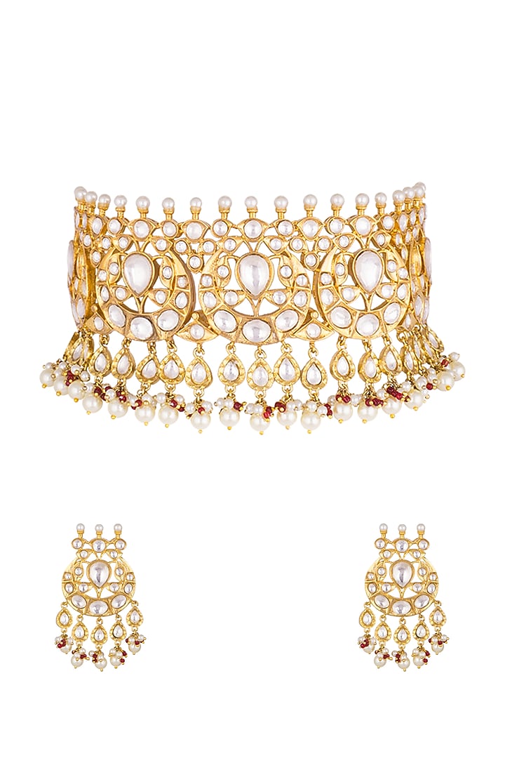 Gold Finish Kundan & Pearl Choker Necklace Set by Moh-Maya by Disha Khatri at Pernia's Pop Up Shop