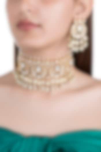 Gold Finish Kundan & Pearl Choker Necklace Set by Moh-Maya by Disha Khatri