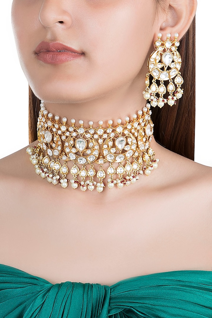 Gold Finish Kundan & Pearl Choker Necklace Set by Moh-Maya by Disha Khatri