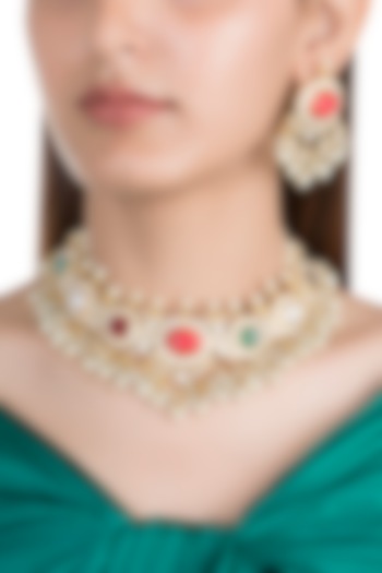 Gold Finish Multi Colored Stone Necklace Set by Moh-Maya by Disha Khatri