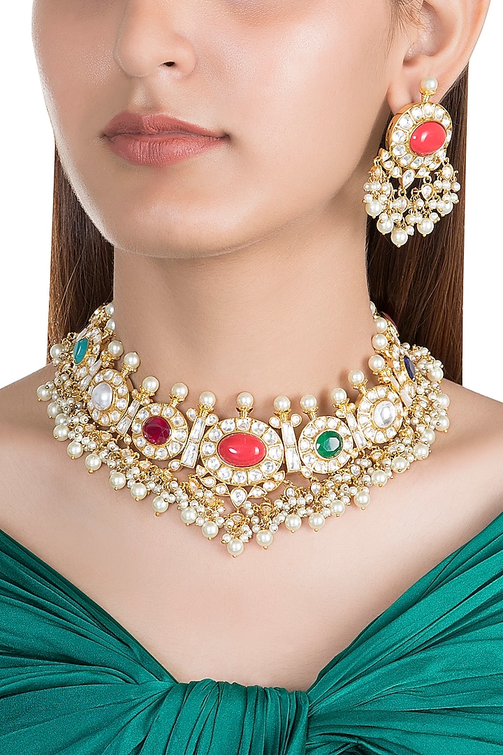 Gold Finish Multi Colored Stone Necklace Set by Moh-Maya by Disha Khatri