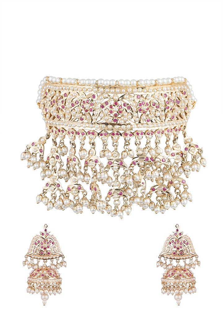 Gold Plated Ruby Necklace Set by Moh-Maya by Disha Khatri
