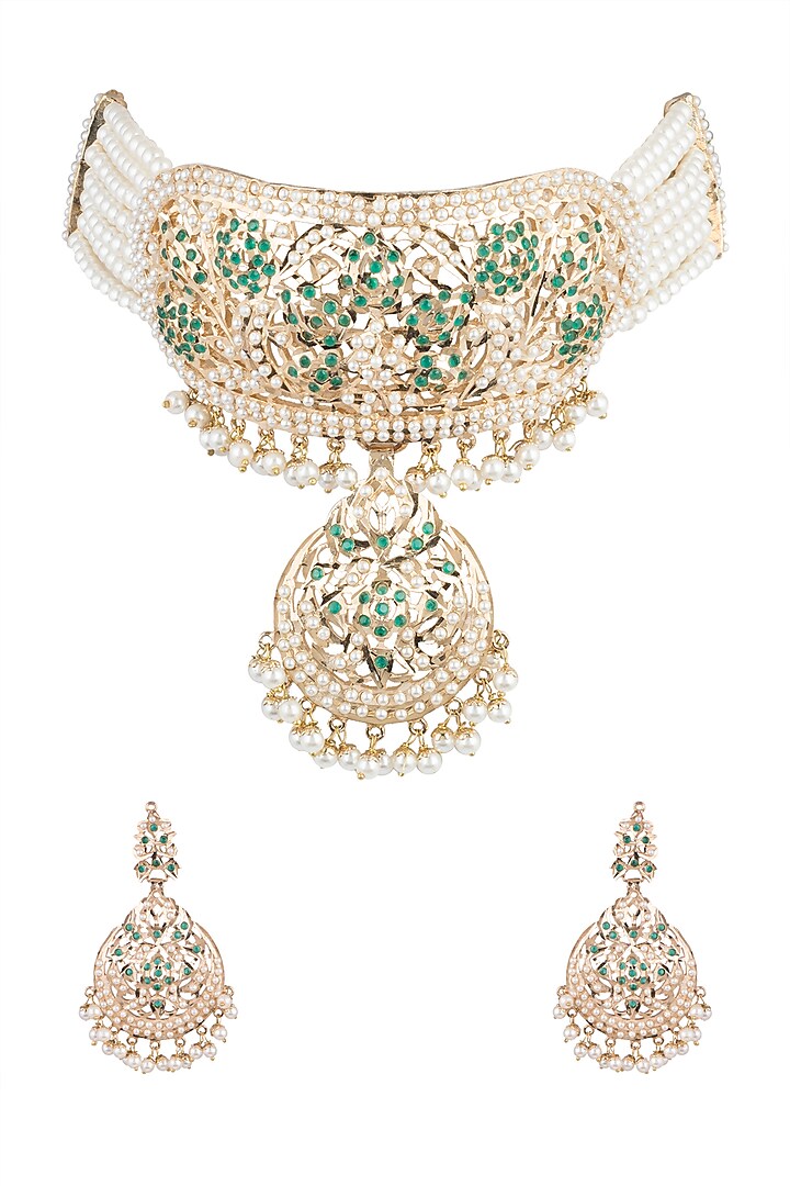 Gold Plated Emerald Necklace Set by Moh-Maya by Disha Khatri