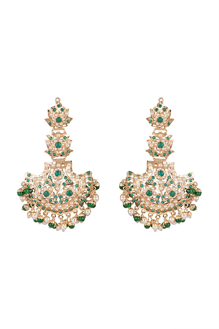 Gold Plated Emerald Long Earrings by Moh-Maya by Disha Khatri