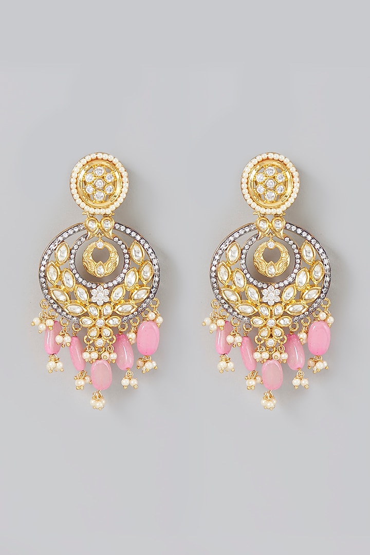Gold Finish Kundan Polki & Light Pink Beads Chandbali Earrings by Moh-Maya by Disha Khatri at Pernia's Pop Up Shop