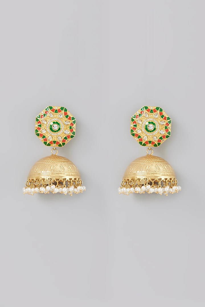 Gold Finish Kundan Polki Jhumka Earrings by Moh-Maya by Disha Khatri at Pernia's Pop Up Shop