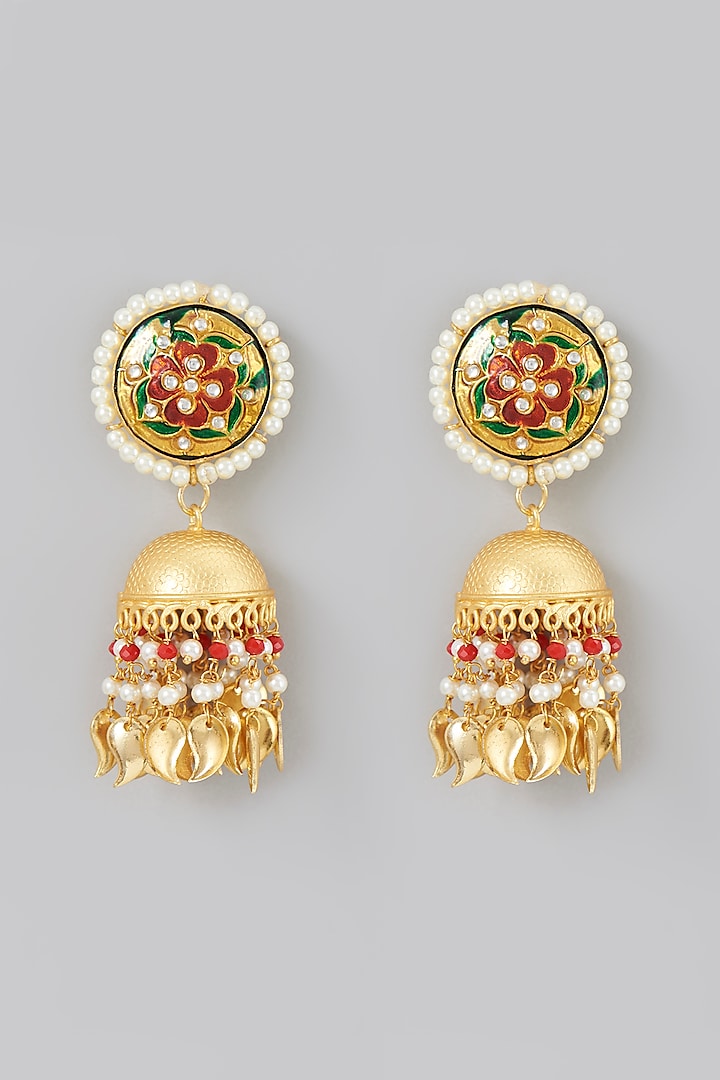 Gold Finish Meenakari Jhumka Earrings by Moh-Maya by Disha Khatri