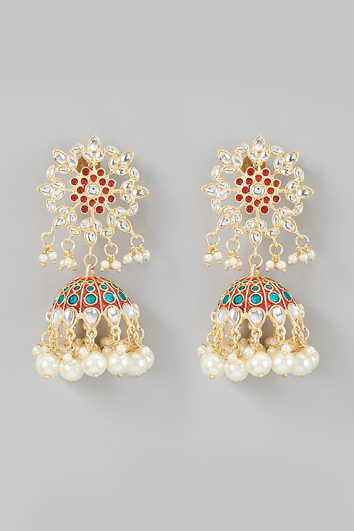 Gold Finish Kundan Polki & Pearls Jhumka Earrings by Moh-Maya by Disha Khatri at Pernia's Pop Up Shop