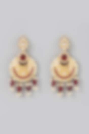 Gold Finish Red Stone & Kundan Polki Chandbali Earrings by Moh-Maya by Disha Khatri