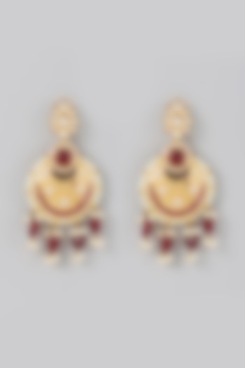 Gold Finish Red Stone & Kundan Polki Chandbali Earrings by Moh-Maya by Disha Khatri