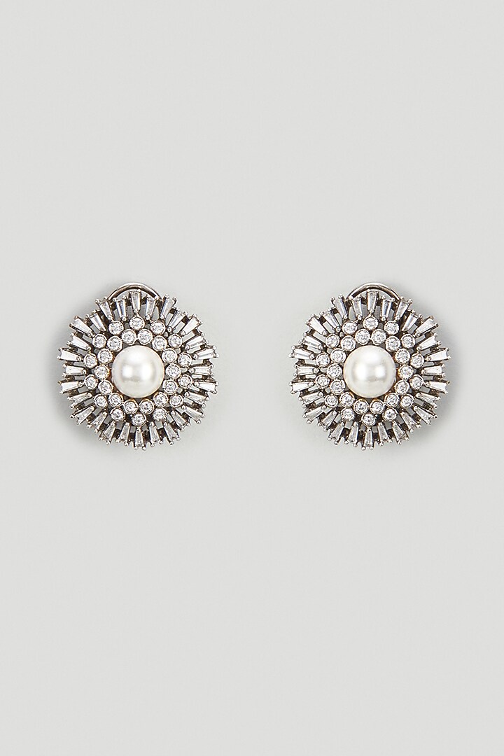 Black Rhodium Finish Pearl & Zircon Stud Earrings by Moh-Maya by Disha Khatri at Pernia's Pop Up Shop