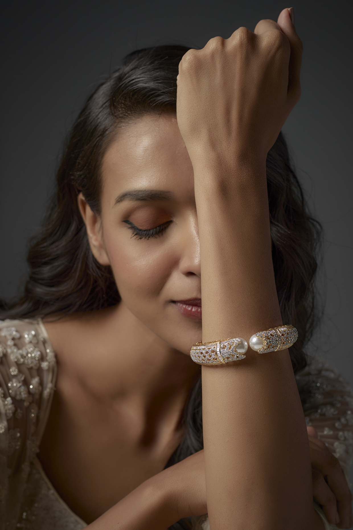 White Finish Pearls & Zircon Openable Bracelet by Moh-Maya by Disha Khatri at Pernia's Pop Up Shop
