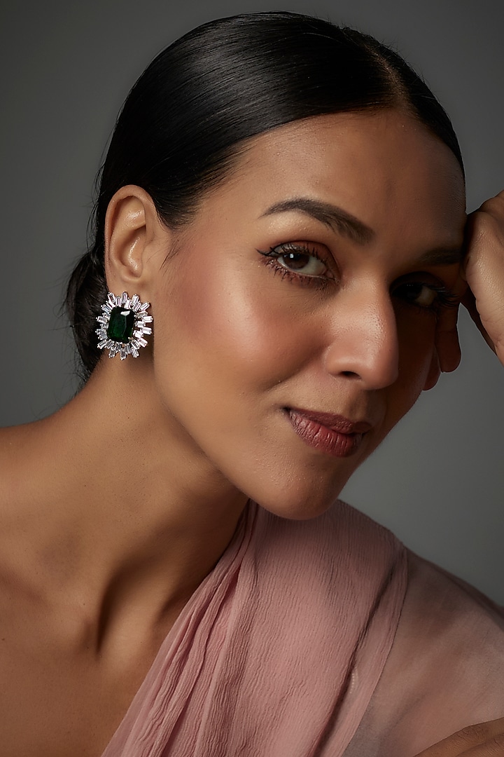 White Finish Emerald Stone & Zircon Stud Earrings by Moh-Maya by Disha Khatri at Pernia's Pop Up Shop