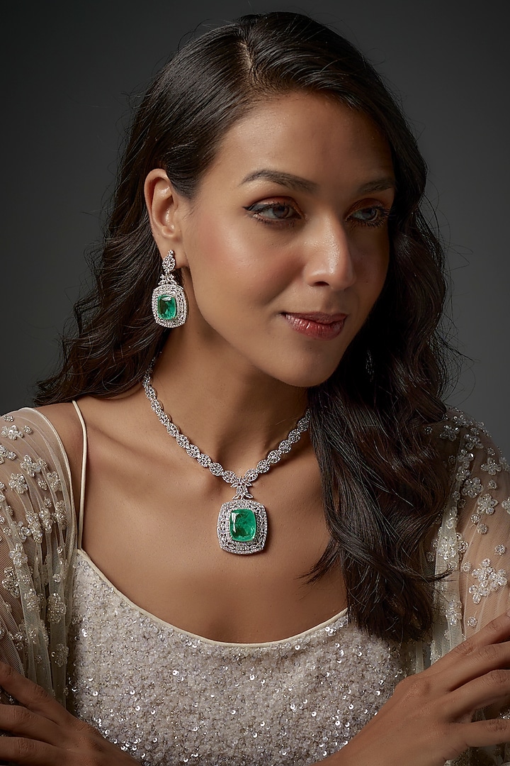 White Finish Emerald Stone & Zircon Choker Necklace Set by Moh-Maya by Disha Khatri