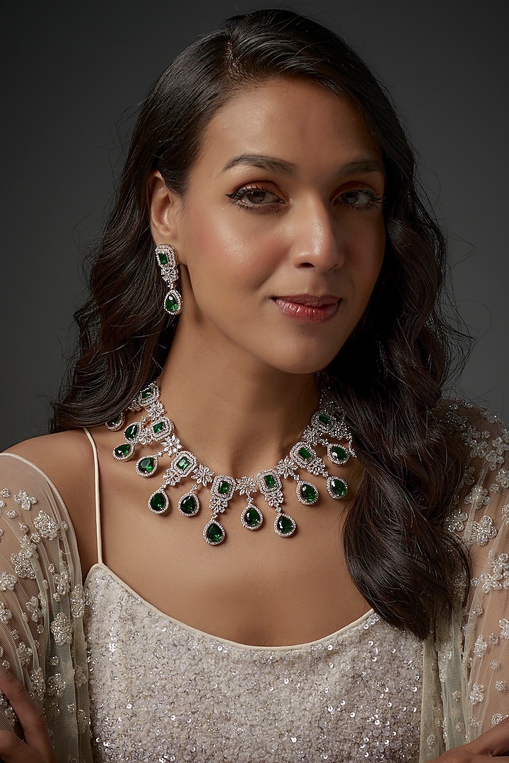 White Finish Emerald Stone & Zircon Choker Necklace Set by Moh-Maya by Disha Khatri