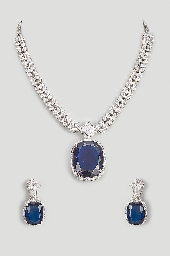 White Finish Blue Stone & Zircon Long Necklace Set by Moh-Maya by Disha Khatri at Pernia's Pop Up Shop