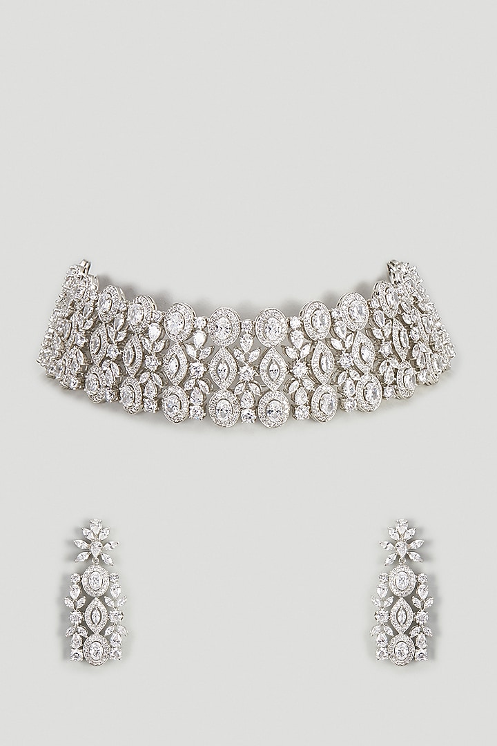 White Finish Zircon Choker Necklace Set by Moh-Maya by Disha Khatri at Pernia's Pop Up Shop