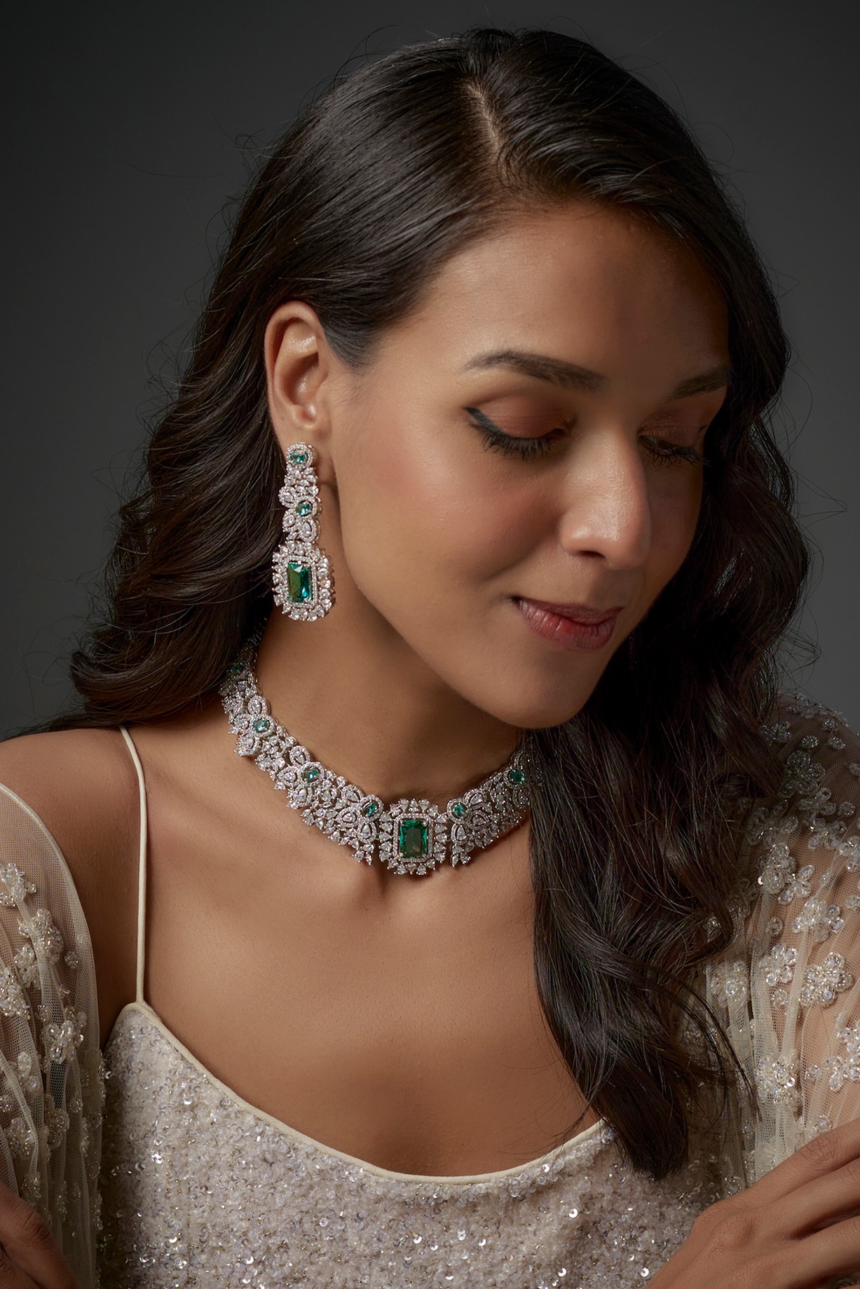 White Finish Zircon Teal Blue Stone Choker Necklace Set by Moh