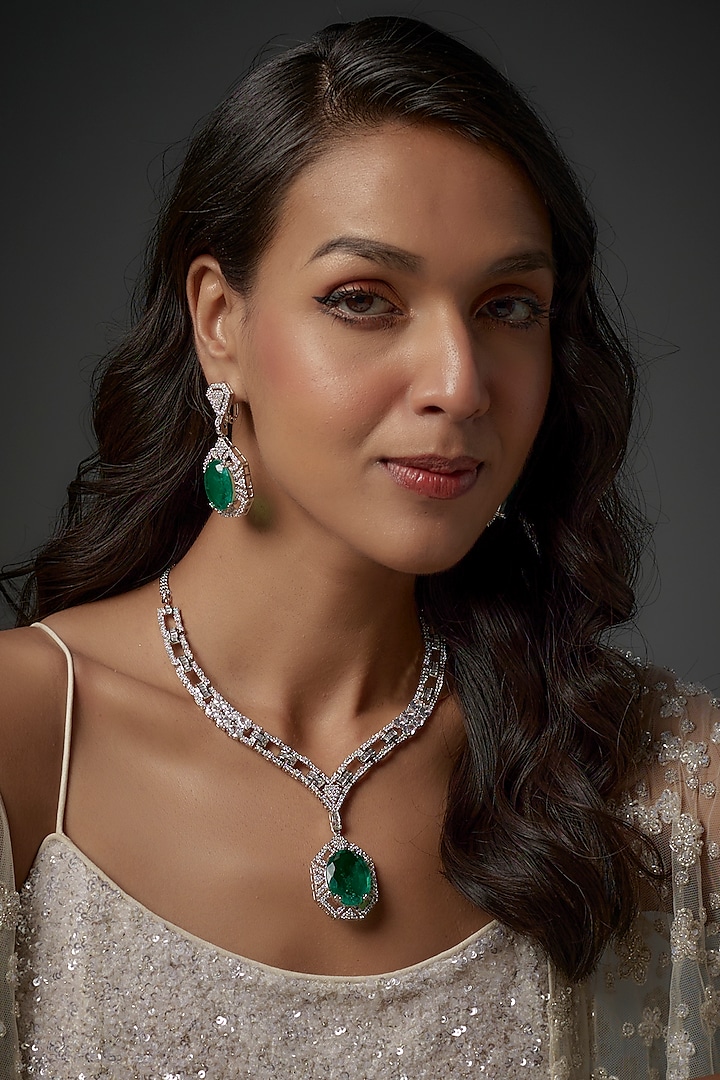 White Finish Emerald Stone & Zircon Long Necklace Set by Moh-Maya by Disha Khatri