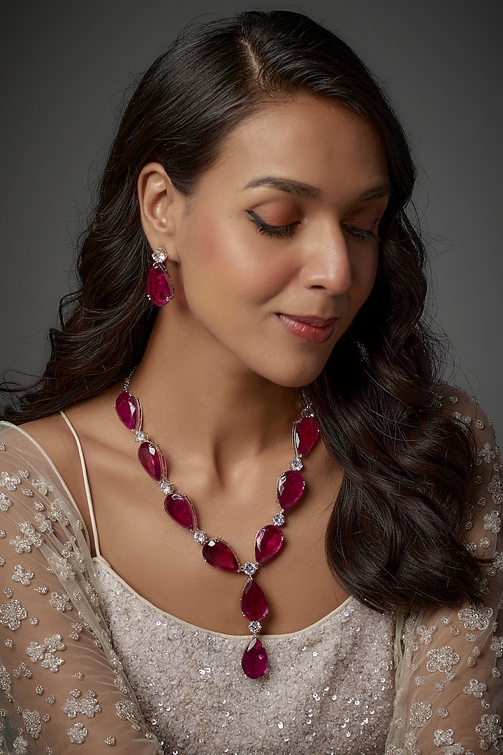 White Finish Purple Stone & Zircon Long Necklace Set by Moh-Maya by Disha Khatri
