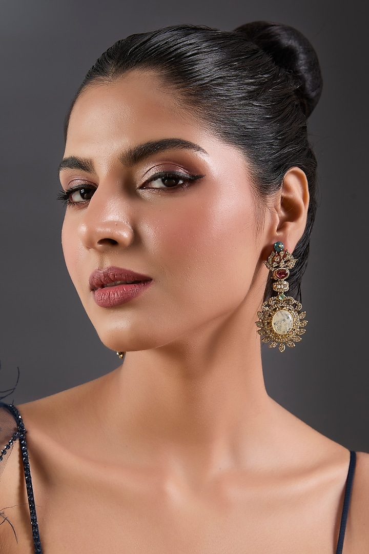 Gold Finish Zircon & Multi-Colored Stone Dangler Earrings by Moh-Maya by Disha Khatri at Pernia's Pop Up Shop