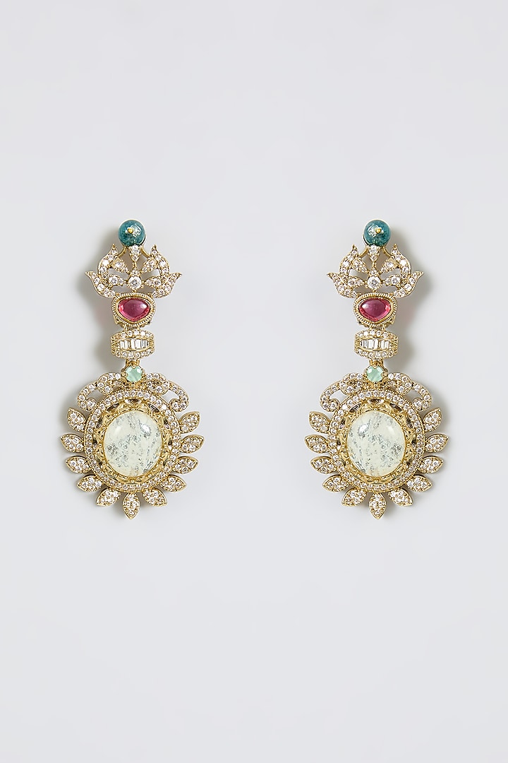 Gold Finish Zircon & Multi-Colored Stone Dangler Earrings by Moh-Maya by Disha Khatri at Pernia's Pop Up Shop