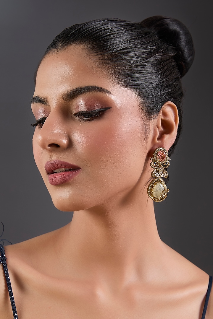 Gold Finish Kundan Polki & Citrine Dangler Earrings by Moh-Maya by Disha Khatri at Pernia's Pop Up Shop