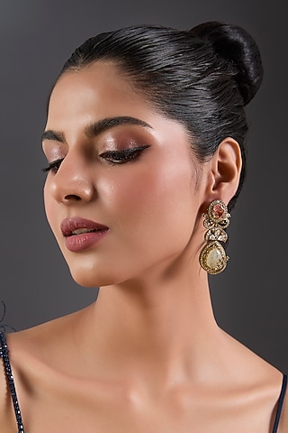 Gold Finish Kundan Polki & Citrine Dangler Earrings by Moh-Maya by Disha Khatri