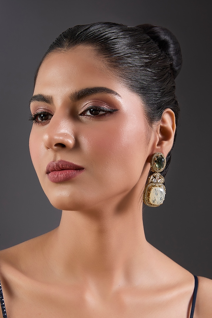 Gold Finish Kundan Polki & Multi-Colored Stone Dangler Earrings by Moh-Maya by Disha Khatri at Pernia's Pop Up Shop