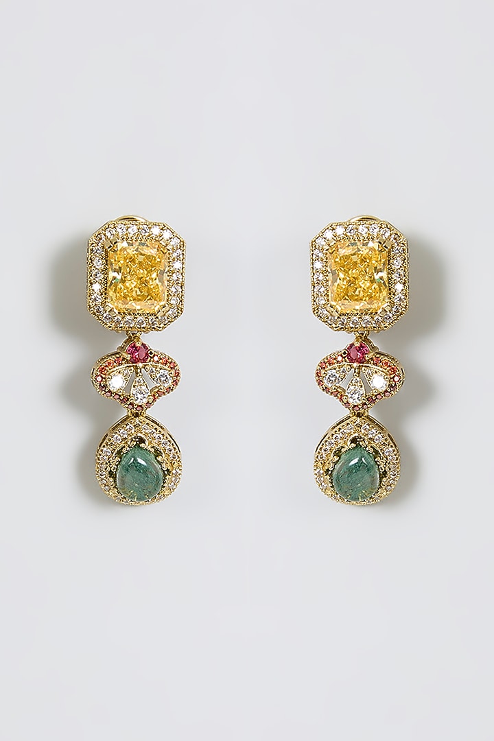 Gold Finish Zircon & Emerald Stone Dangler Earrings by Moh-Maya by Disha Khatri at Pernia's Pop Up Shop
